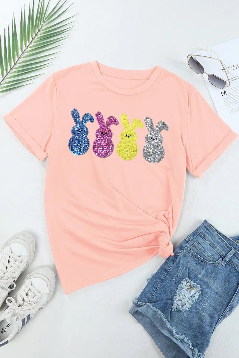 Pink Sequin Cute Bunny Graphic Easter Fashion Tee Shirt - Love Salve